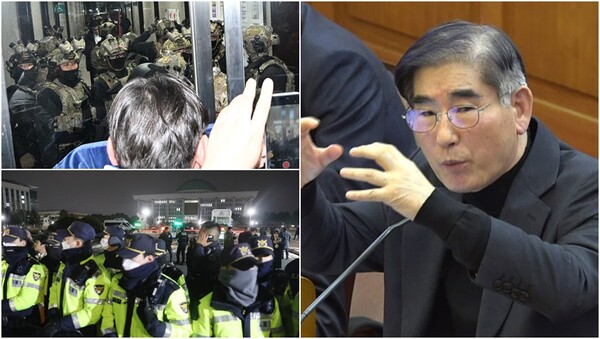 '12·3 비상계엄 사태' 당시&nbsp;계엄군들이 국회 본청 진입을 시도하자 국회 보좌진 등 직원들이 대치는 모습과 국회 정문 앞에서 경찰병력이 출입을 통제하는 모습(왼), '내란 사태'의 핵심 인물인 김용현 전 국방부장관(오).&nbsp;ⓒ뉴스1