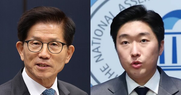 김문수&nbsp;고용노동부 장관(좌),&nbsp;김용만 더불어민주당 의원(우). ⓒ뉴스1