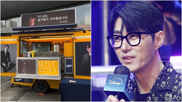 차승원이&nbsp;YG엔터테인먼트를 떠나며 준비한 커피차(왼), 배우 차승원(오).&nbsp;ⓒ커피차 업체 SNS, 뉴스1&nbsp;