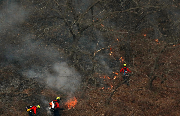 산청 화재를 진압 중인 소방대원들. ⓒ뉴스1