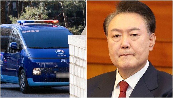 윤석열 전 대통령이 탄 법무부 호송차량이 2월 20일 서초구 서울중앙지법으로 들어서는 모습(왼), 윤 전 대통령이 2월 13일&nbsp;헌법재판소 변론기일에 자리한 모습(오).&nbsp;ⓒ뉴스1&nbsp;