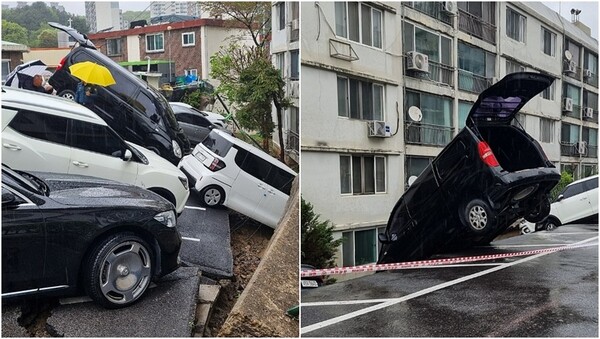 '차량 와르르…!' <b>남양주 아파트</b> 주차장서 벌어진 <b>옹벽 붕괴</b>사고 : 눈 부...