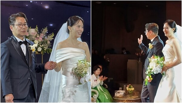 심현섭, 정영림 부부의 결혼식 모습(왼), 심현섭이 행진하며 혼주석을 향해 손을 흔드는 모습(오). ⓒTV조선 '조선의 사랑꾼', 심현섭 인스타그램&nbsp;
