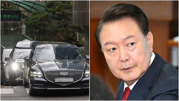 윤석열 전 대통령이 탑승한 차량행렬이 지난달 14일 서울중앙지법에서 열리는 내란 우두머리 혐의 첫 공판에 출석하기 위해 사저를 나서는 모습.&nbsp;ⓒ뉴스1&nbsp;