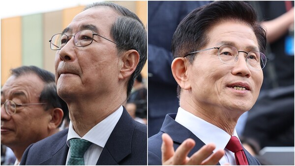 한덕수 대선 예비후보(왼), 김문수 국민의힘 대선 후보(오).&nbsp;ⓒ뉴스1&nbsp;