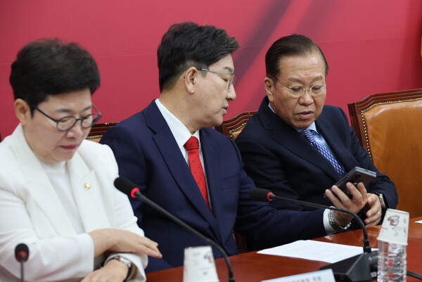 대화 중인&nbsp;권성동 국민의힘 원내대표와&nbsp;권영세 비상대책위원장. ⓒ뉴스1