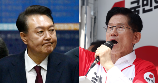 윤석열 전 대통령, 김문수 국민의힘 대선 후보. ⓒ뉴스1