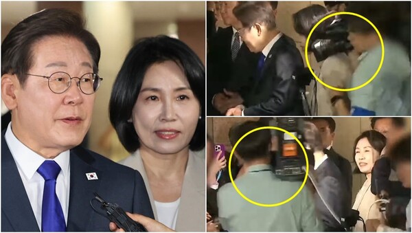 이재명 대통령과 김혜경 여사(왼), MBN 영상취재 기자가 김 여사를 밀치는 모습(오).&nbsp;ⓒ뉴스1, YTN 뉴스