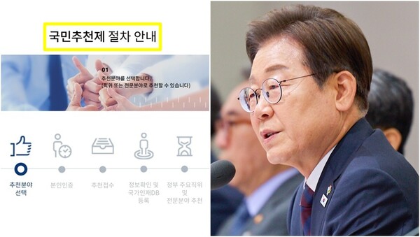 인사혁신처 국민추천제 홈페이지(왼), 이재명 대통령(오).&nbsp;ⓒ국민추천제 홈페이지, 대통령실 제공&nbsp;