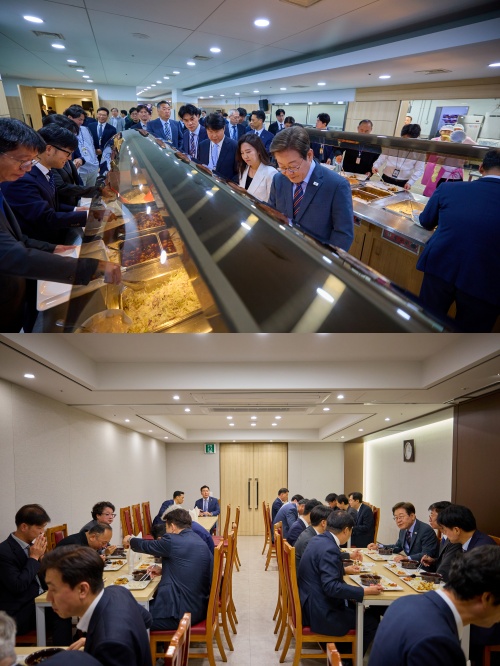 대통령실 구내식당에서 기자들과 식사하는 이 대통령. ⓒ뉴스1