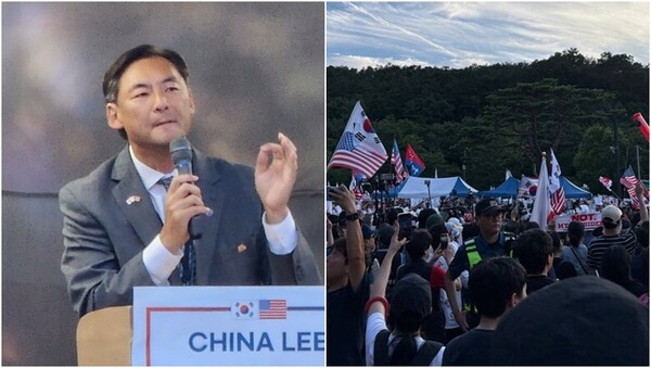 모스 탄 미국 리버티대학 교수(왼),&nbsp;15일 모스 탄 방한 환영집회에 모인 트루스포럼 등 윤석열 전 대통령 지지단체 회원들(오).&nbsp;ⓒ뉴스1, 한겨레&nbsp;