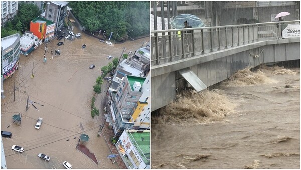 17일 낮 12시쯤 광주 북구 신안동 일대가 물에 잠긴 모습(왼), 같은 날 광주천을 가로지르는 태평교가 범람 직전인 모습(오).&nbsp;ⓒ광주 북구 제공, 뉴스1&nbsp;