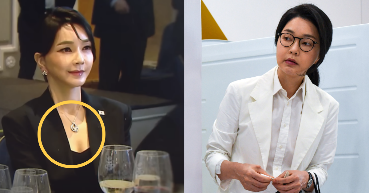 문제의 반클리프 목걸이와 21대 대선 당시 기표소에서 나오는 김건희. ⓒMBC ‘뉴스데스크’ / 뉴스1