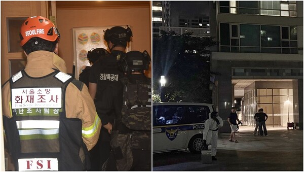 21일 총격 피의자의 집에 소방 관계자들이 진입하는 모습(왼), 같은 날 인천 연수구 한 아파트 사건 현장에&nbsp;경찰 수사관이 잔압하는 모습(오).&nbsp;ⓒ뉴스1&nbsp;