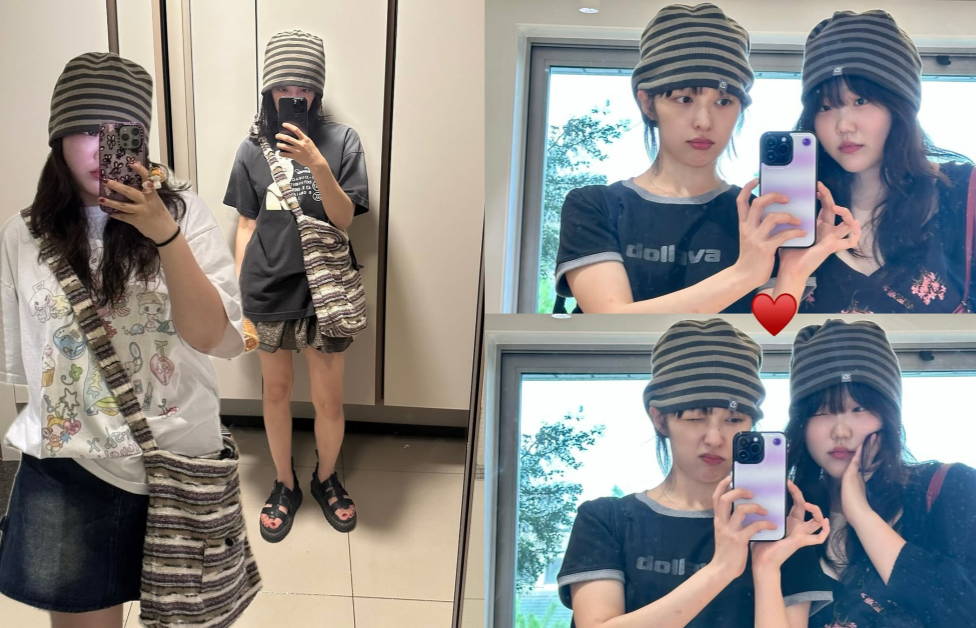 커플모자를 쓰고 포즈를 취하고 있는 김보라와 이수현. ⓒ김보라 인스타그램