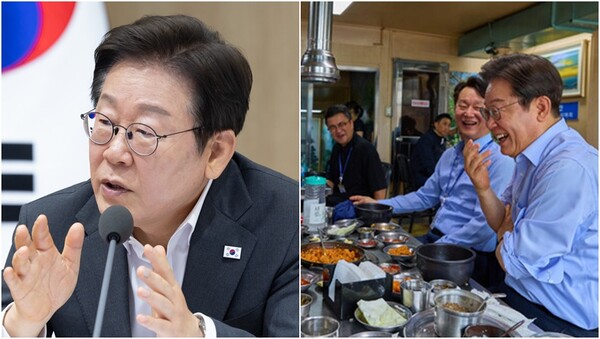 이재명 대통령(왼), 이 대통령이&nbsp;지난달 31일 서울 용산 삼각지역 인근의 한 식당에서 참모진과 편한 분위기 속에서 점심식사를 하는 모습(오).&nbsp;ⓒ대통령실 제공&nbsp;