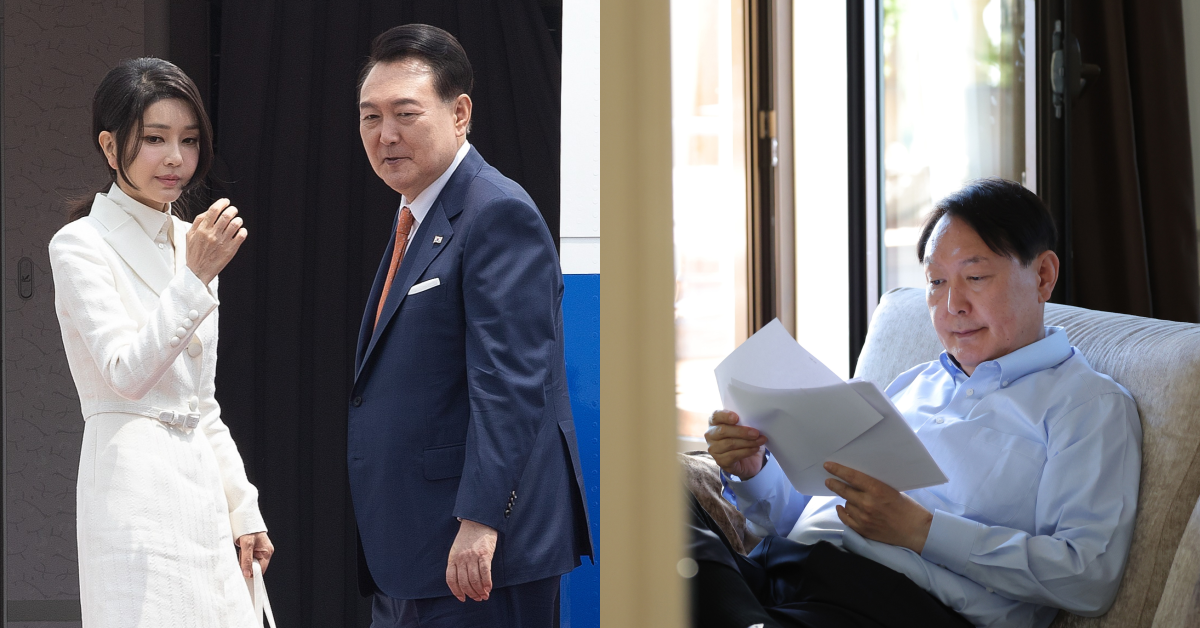 (좌) 해외 순방에 나서는 김건희-윤석열 부부, (우) NATO 당시 스페인 숙소에서 백지로 보이는 A4 종이를 보고 있는 윤석열. ⓒ뉴스1