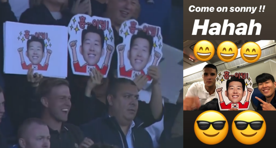 프리미어리그 중계 카메라에 잡힌 손흥민 판넬과 라멜라 인스타그램 스토리. ⓒ온라인 커뮤니티 / 라멜라 인스타그램