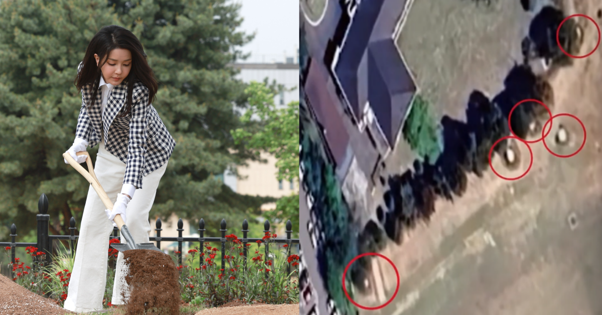 (좌)용산 대통령실 앞 용산어린이정원에서 기념식수 중인 김건희, (우)서울의소리가 보도한 용산 대통령실 경내 구조물 위성사진. ⓒ뉴스1 / 유튜브 채널 ‘서울의소리 VoiceOfSeoul’