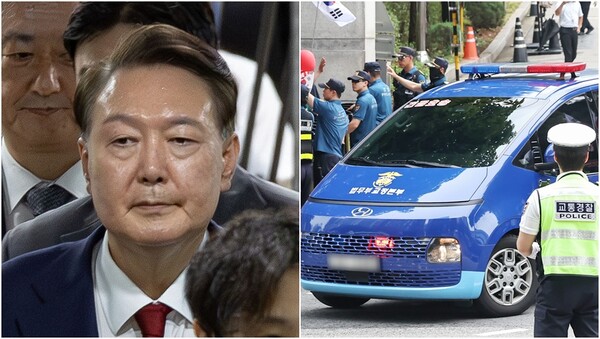 윤석열 전 대통령(왼), 18일 서울중앙지방법원에서 구속적부심사 심문을 마친 윤 전 대통령이 탑승한 호송차량이 서울구치소로 향하는 모습(오).&nbsp;