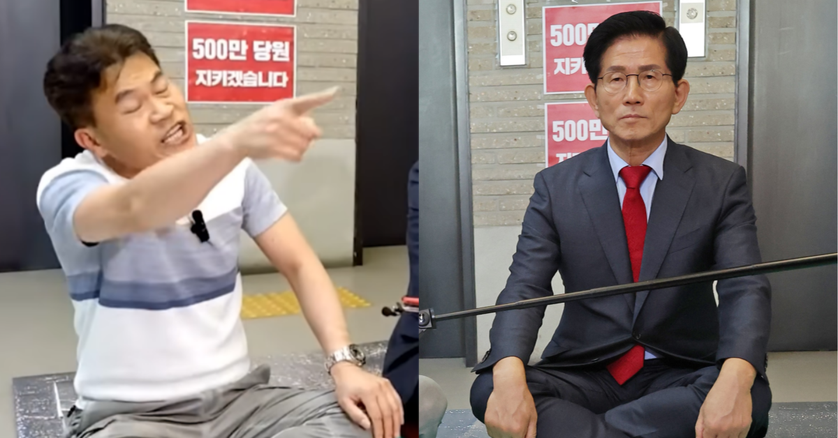 한 자리에 앉은 전한길과 김문수. ⓒ유튜브 채널 ‘채널A News’ / 뉴스1