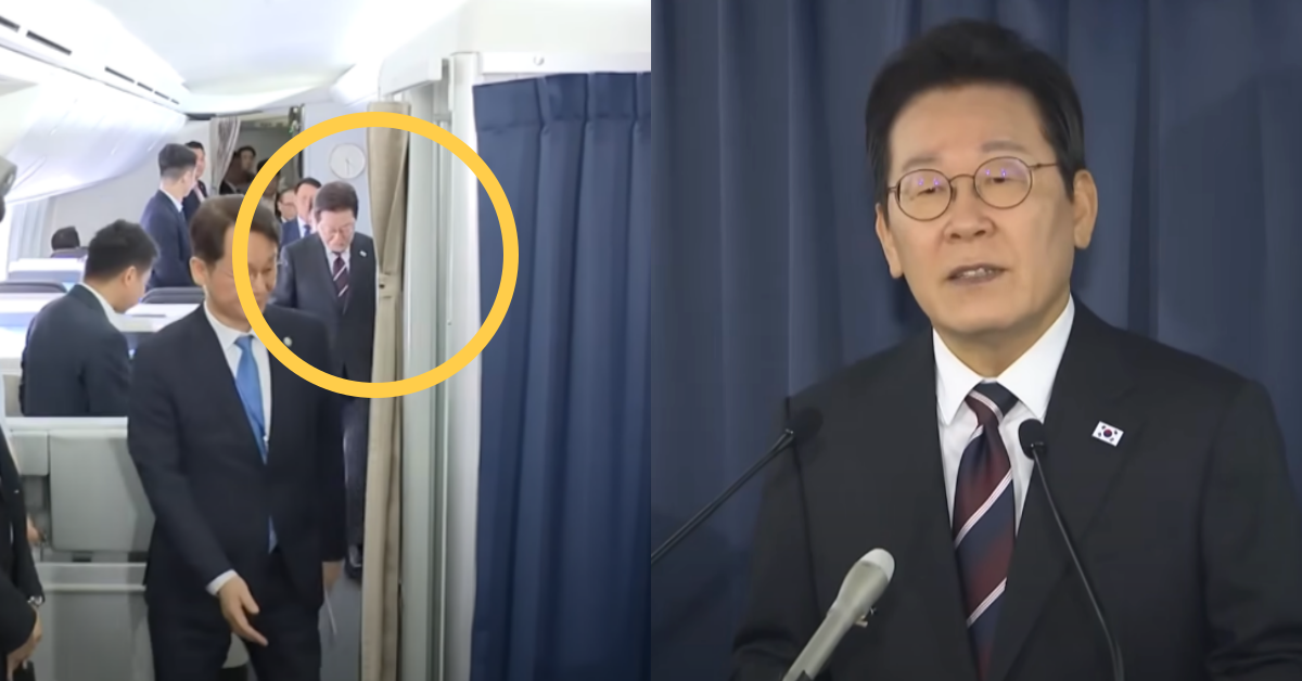 전용기 안에서 깜짝 기자 간담회를 연 이재명 대통령. ⓒ유튜브 채널 ‘KTV 이매진’