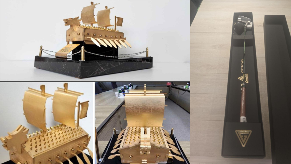 이재명 대통령이 트럼프 대통령의 선물로 준비한 거북선 모형과 골프 퍼터. ⓒ대통령실