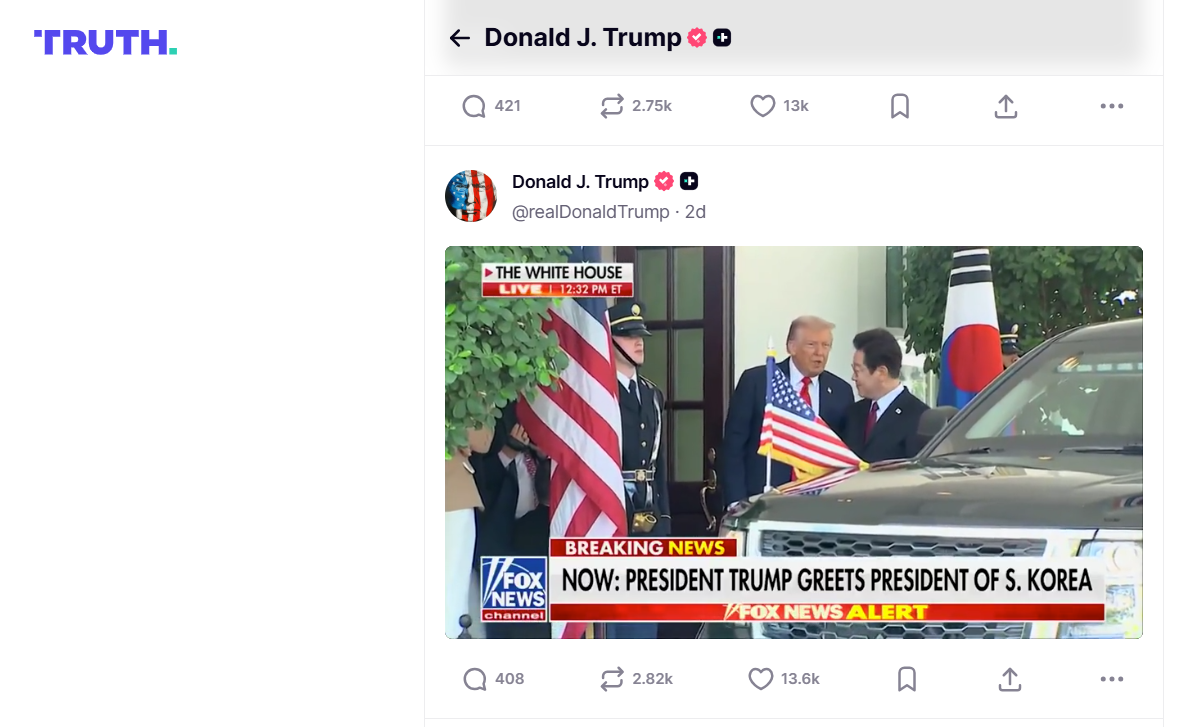 이재명 대통령에게 “We call them the fake news”라고 하는 영상을 자신의 트루스소셜에 공유한 트럼프 대통령. ⓒ트럼프 트루스소셜