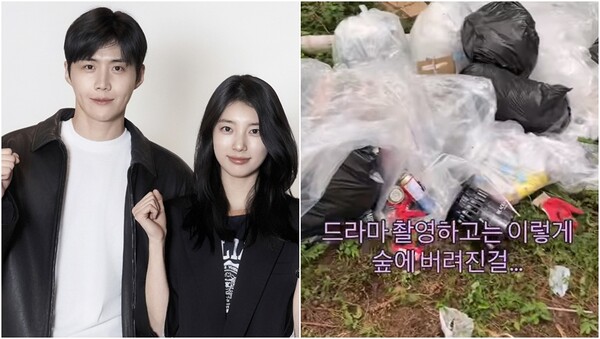 배우 김선호와 수지(왼), 드라마 촬영팀의 쓰레기 무단 투기 현장(오).&nbsp;ⓒ디즈니+ 제공, 온라인 커뮤니티&nbsp;