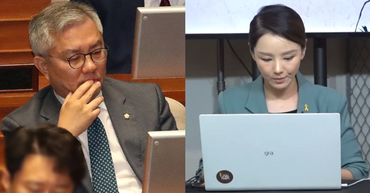 조국혁신당 내부 성 추문 사건에 대한&nbsp;2차 가해 논란에 휩싸인 최강욱, 당내 문제를 고발한 강미정 전 대변인은 지난 4일 탈당했다. ⓒ뉴스1 /&nbsp;유튜브 채널 ‘이동형TV’ 