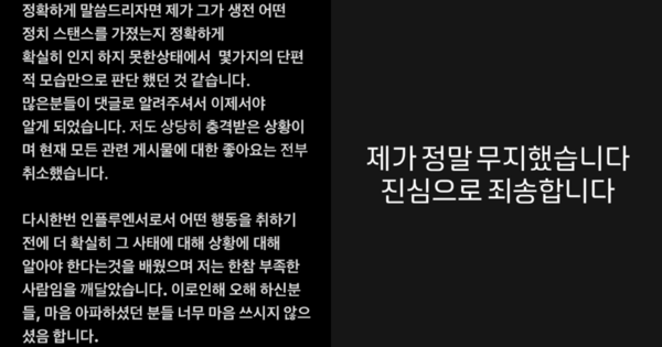 해쭈 사과문. ⓒ해쭈 인스타그램