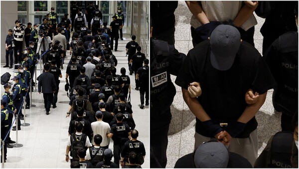 캄보디아에 구금된 한국인들이 18일 오전 인천국제공항 2터미널을 통해 송환되는 모습.&nbsp;ⓒ뉴스1&nbsp;