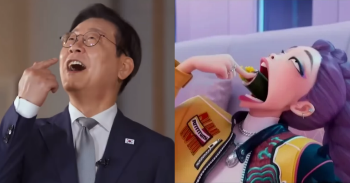 ‘케데헌’ 루미의 김밥 먹방을 따라 하는 이재명 대통령. ⓒCNN 홈페이지 영상 캡쳐 / 넷플릭스 ‘케이팝 데몬 헌터스’