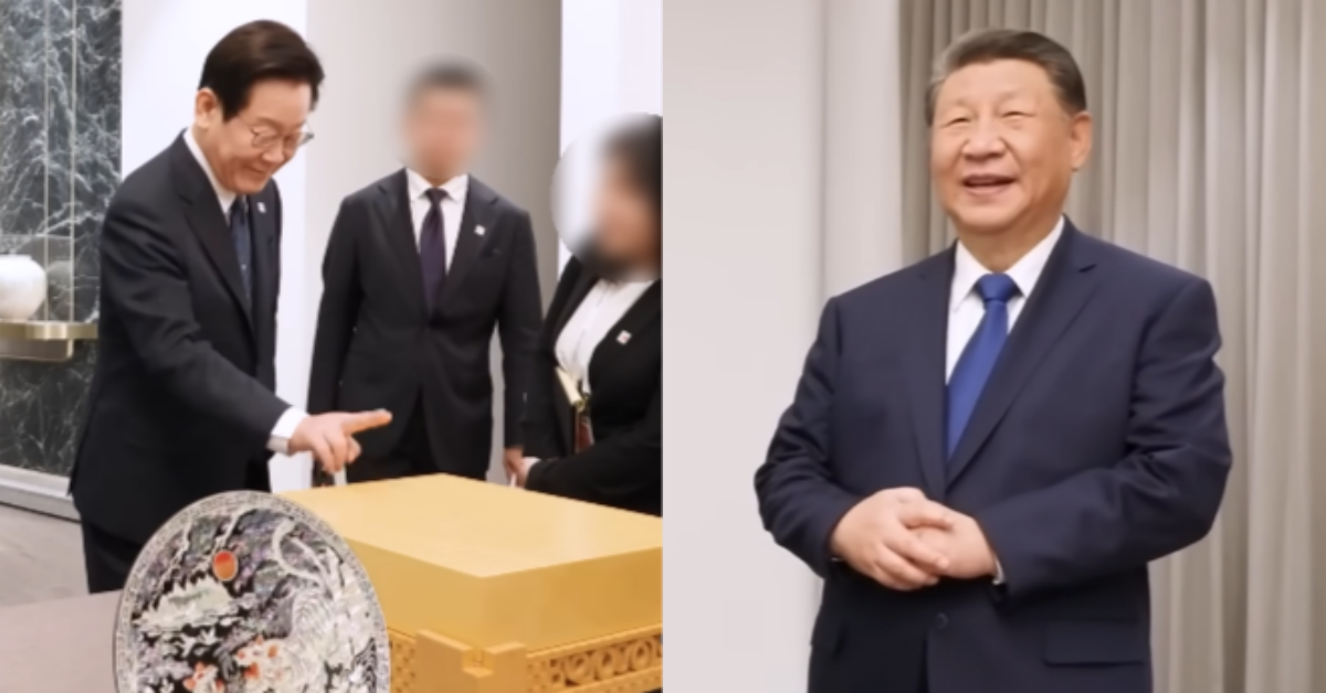 친교 시간에 선물을 주고받은 이재명 대통령과 시진핑. ⓒ유튜브 채널 ‘KTV 이매진’