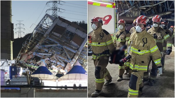 11일 울산화력발전소 보일러 타워 붕괴 현장에서 소방대원들이 야간 구조·수색 작업을 하는 모습(왼), 소방대원들이 매몰자의 시신을 수습하는 모습(오). ⓒ뉴스1, 울산소방본부 제공