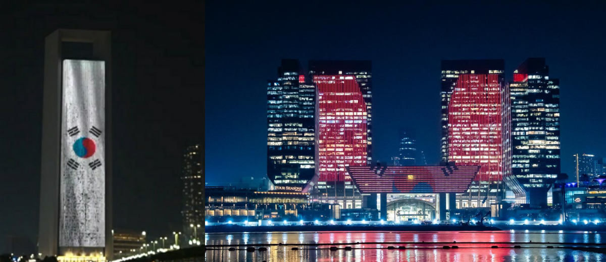 이재명 대통령을 환영하는 뜻에서 UAE 곳곳을 수놓은 태극기. ⓒ유튜브 채널 ‘KTV 이매진’