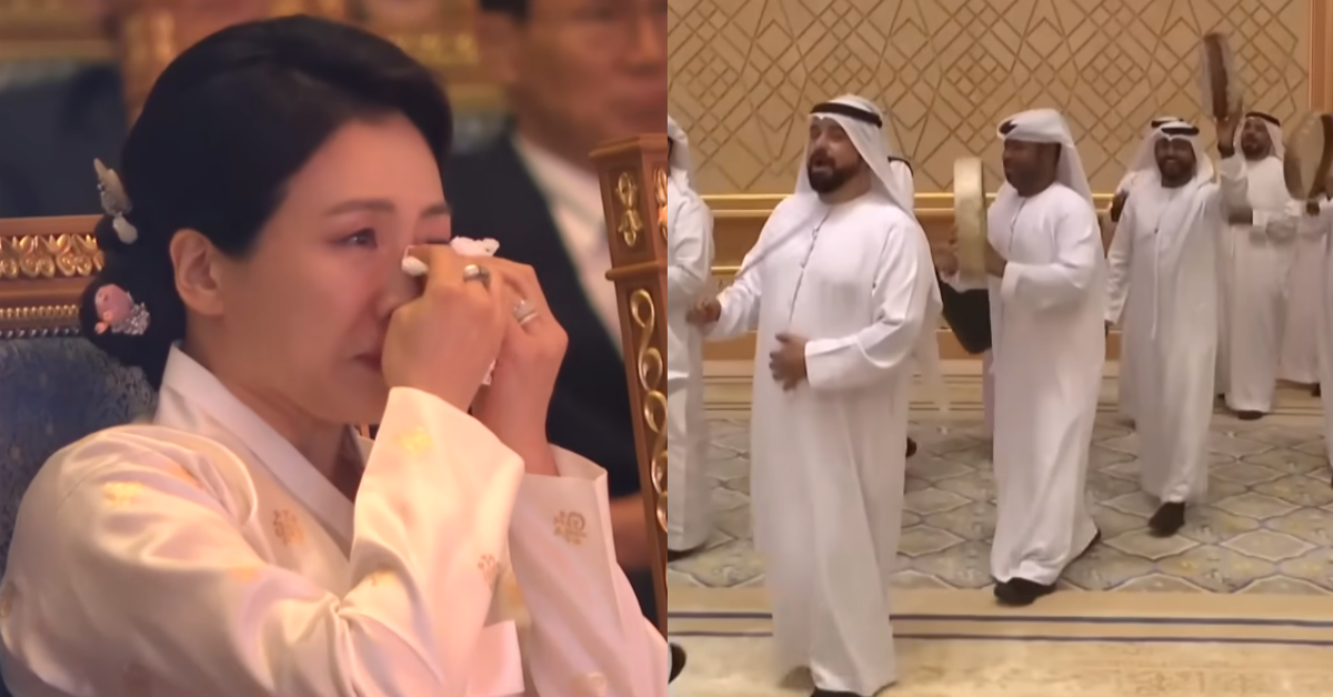 소프라노 조수미의 ‘그리운 금강산’을 듣고 눈물을 흘리는 김혜경 여사, UAE는&nbsp;영부인의 고향을 고려해 ‘울고 넘는 박달재’를 선곡했다. ⓒ유튜브 채널 ‘엠키타카 MKTK’