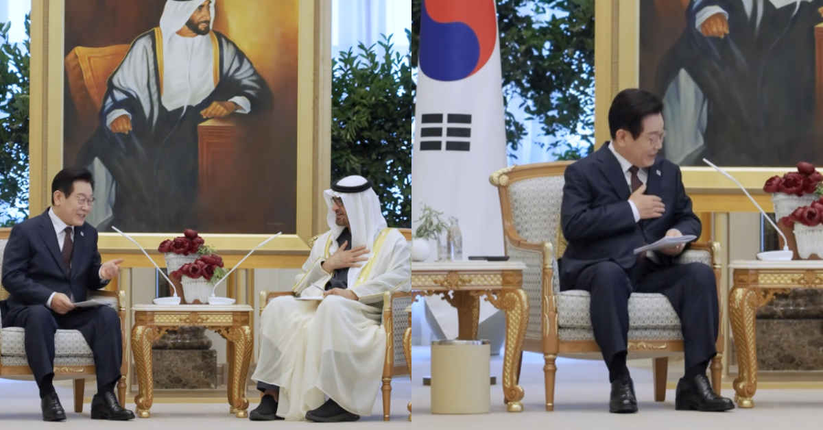 모하메드 대통령의 세심한 배려에 UAE식 인사로 감사를 표한 이재명 대통령. ⓒ유튜브 채널 ‘이재명’