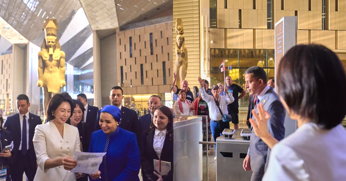 인티사르 여사와 이집트 대박물관을 찾은 김혜경 여사, 김 여사를 본 관람객과 현지인들이 환호하고 있다. ⓒ유튜브 채널 ‘KTV 이매진’