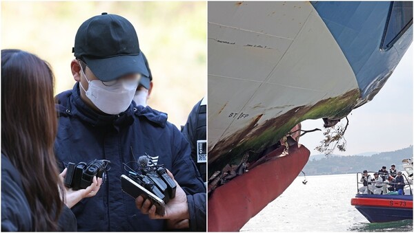 전남 신안 해상에서 대형 여객선 퀸제누비아2호를 좌초시킨 일등항해사 40대 A씨(왼), 20일 목포해경이 선체합동감식을 진행하는 모습(오).&nbsp;ⓒ뉴스1&nbsp;