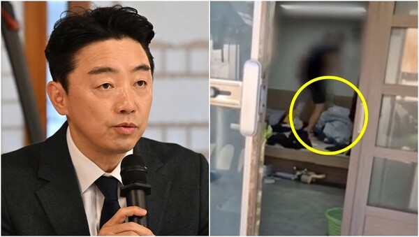 강훈식 대통령비서실장(왼), 7급 공무원이 이불 속 환경미화원을 밟고 있는 모습(오).&nbsp;ⓒ뉴스1, MBC 뉴스&nbsp;