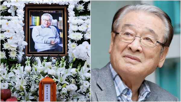 서울 송파구 서울아산병원 장례식장에 마련된&nbsp;고(故)  배우 이순재의 빈소(왼), 고인의 생전 모습(오).&nbsp;ⓒ뉴스1