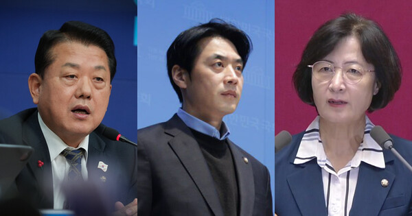 경기도지사 출마 의사를 밝힌 김병주 더불어민주당 최고위원(왼쪽)과 한준호 최고위원(가운데), 추미애 의원(오른쪽)