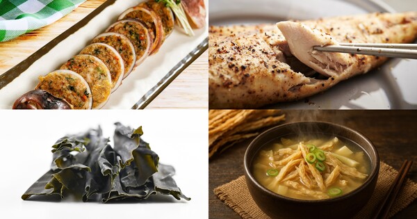 오징어 순대(좌측 상단), 고등어 구이(우측 상단), 다시마(좌측 하단), 북어국(우측 하단). ⓒ어도비스톡