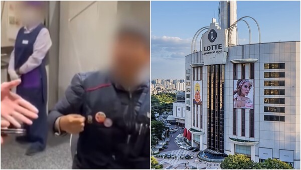 보안요원에게 항의하는 이김춘택 금속노조 거제통영고성 조선하청지회 사무장(왼), 롯데백화점 잠실점 전경(오).&nbsp;ⓒ뉴스1