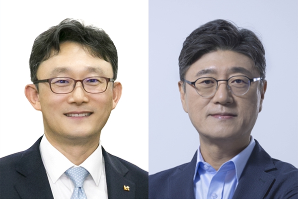 KT가 해킹 사태 수습을 책임질 최종 대표이사 후보로 '내부 출신' 박윤영 전 KT 기업부문장(사장)(왼쪽)을 낙점했다. SK텔레콤이 '외부 출신' 정재헌 사장(오른쪽)을 해킹 사태 수습 책임자로 선택한 것과 대비된다. ⓒKT ⓒSK텔레콤