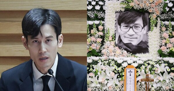 안성기의 아들 안성빈씨(왼쪽), 안성기 영정사진. ⓒ연합뉴스