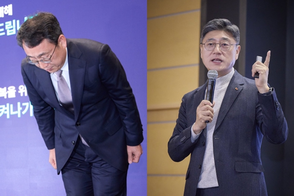 지난해 4월 해킹 사태 관련 기자간담회에서 사과하는 유영상 전 SK텔레콤 대표이사(왼쪽)와 같은 해 12월 취임 이후 첫 타운홀 미팅을 연 정재헌 SK텔레콤 사장. ⓒSK텔레콤