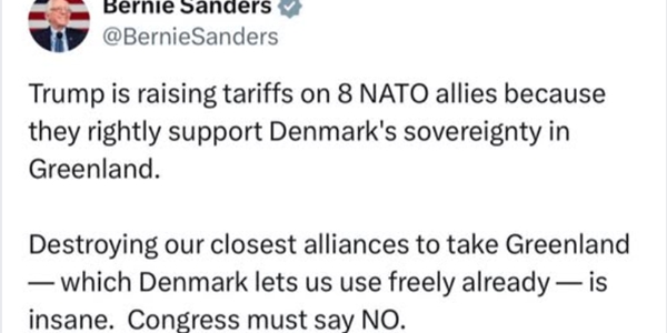 버니 샌더스 무소속 미국 상원 의원이 18일(현지시각) 도널드 트럼프 대통령의 유럽 8개국 관세부과 조치를 비판했다. ⓒ버니 샌더스 페이스북 갈무리