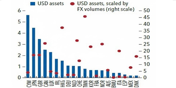 환노출 달러자산 및 외환시장 대비 배율이 빨간점으로 표시돼 있다. ⓒ국제통화기금 보고서